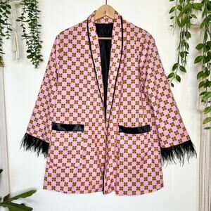 Pink + Mustard Art Deco Geometric Print Black Feather Sleeve Kimono